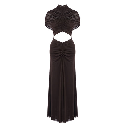 Draped Mesh Cut Out A Line Maxi Dress Brown HV2671