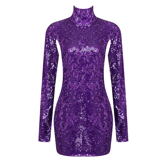 Long Sleeve Sequin Backless Dress Purple HV1009