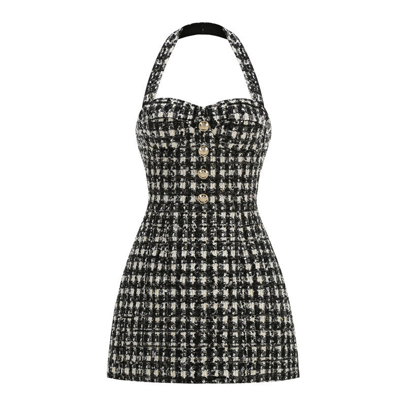 Halter Houndstooth Dress Black White HV2807