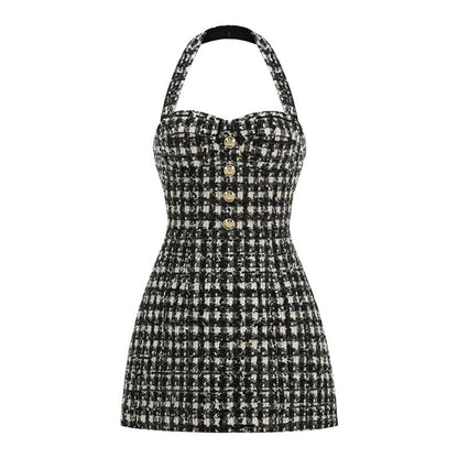 Halter Houndstooth Dress Black White HV2807