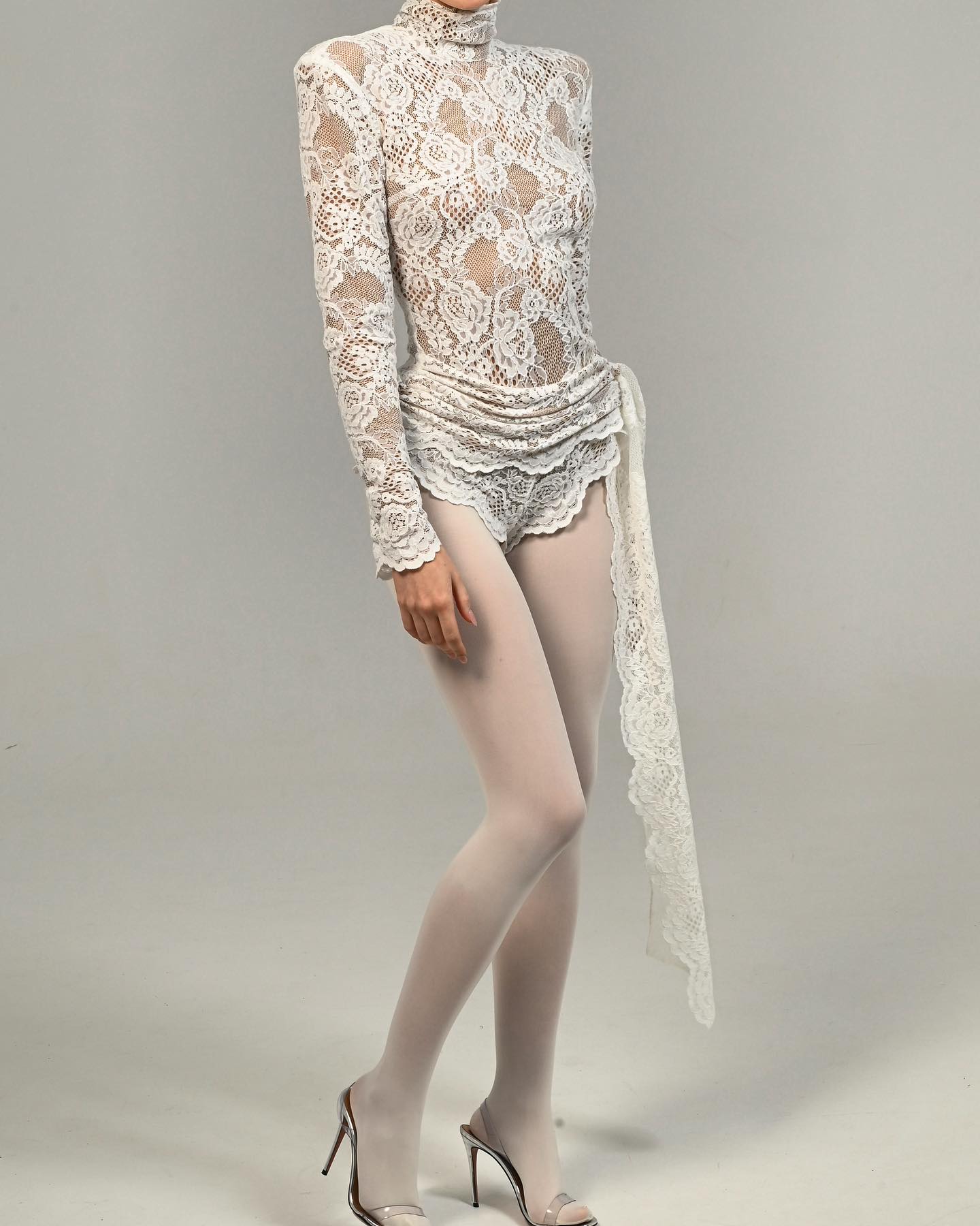 Long Sleeve Draped Lace Bodysuit White HV1546