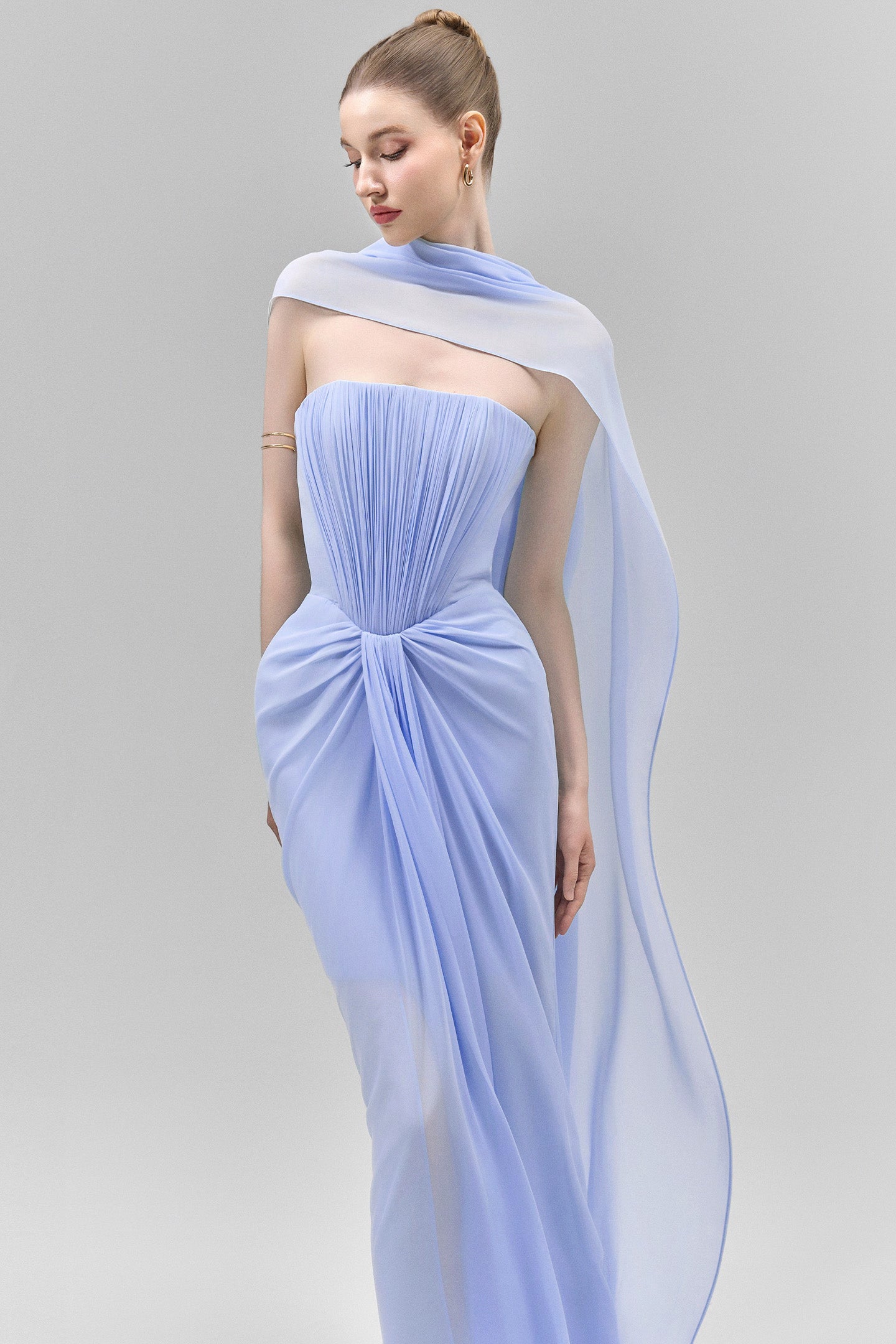 Strapless Draped Cape Maxi Dress Blue HV3074