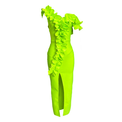 One Shoulder Ruffle Maxi Dress Neon Green HV1511