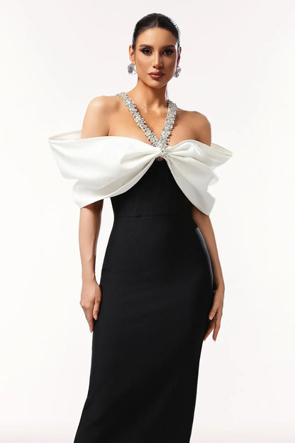Halter Crystal Bardot Maxi Dress Black White HV2677