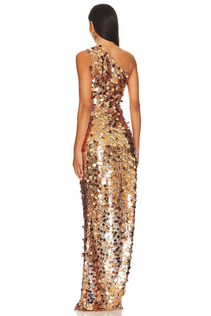 One Shoulder Asymmetric Sequin Maxi Dress Gold HV0033