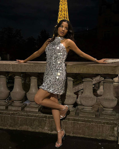 Halter Sequin Dress Silver HV3142