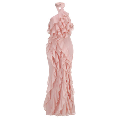 Halter Ruffle Detail Maxi Dress Pink HV3178