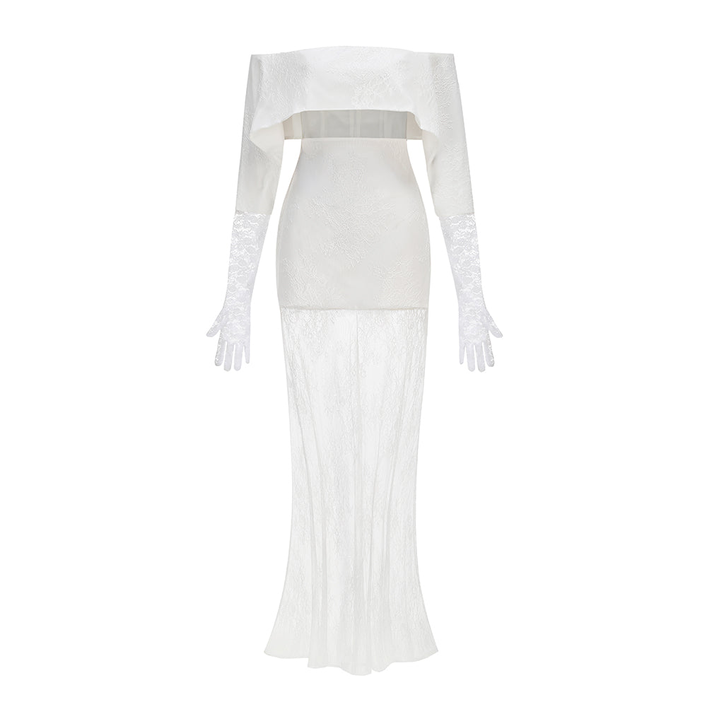 Lace Glove Sleeves Bardot Maxi Dress White HV3235