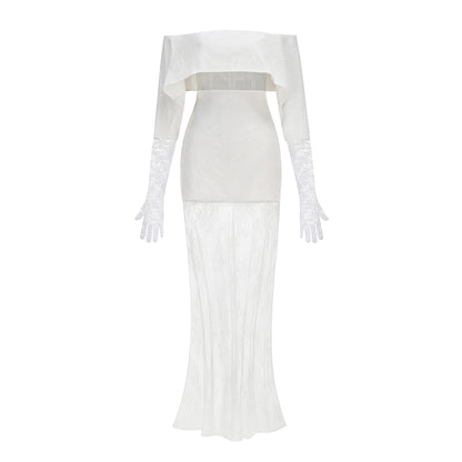 Lace Glove Sleeves Bardot Maxi Dress White HV3235