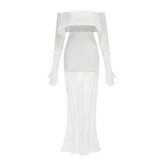 Lace Glove Sleeves Bardot Maxi Dress White HV3235