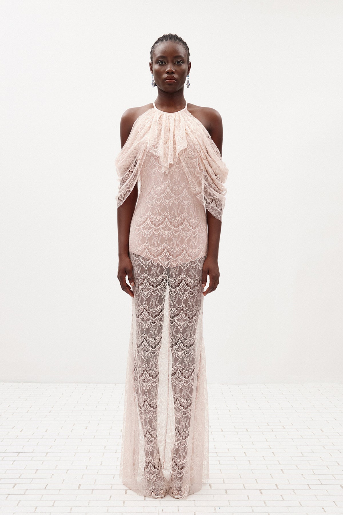 Halter Ruffle Draped Lace Maxi Dress Pink HV3190