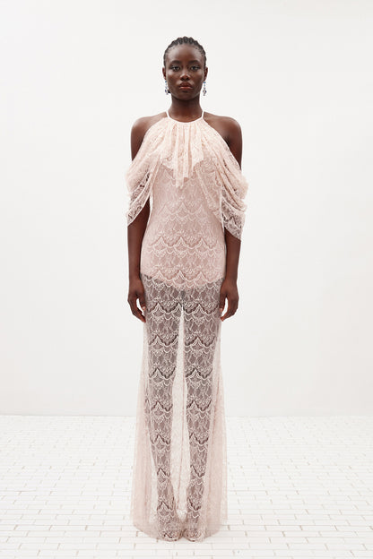 Halter Ruffle Draped Lace Maxi Dress Pink HV3190