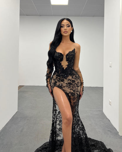 Strapless Sequin Lace Maxi Dress Black