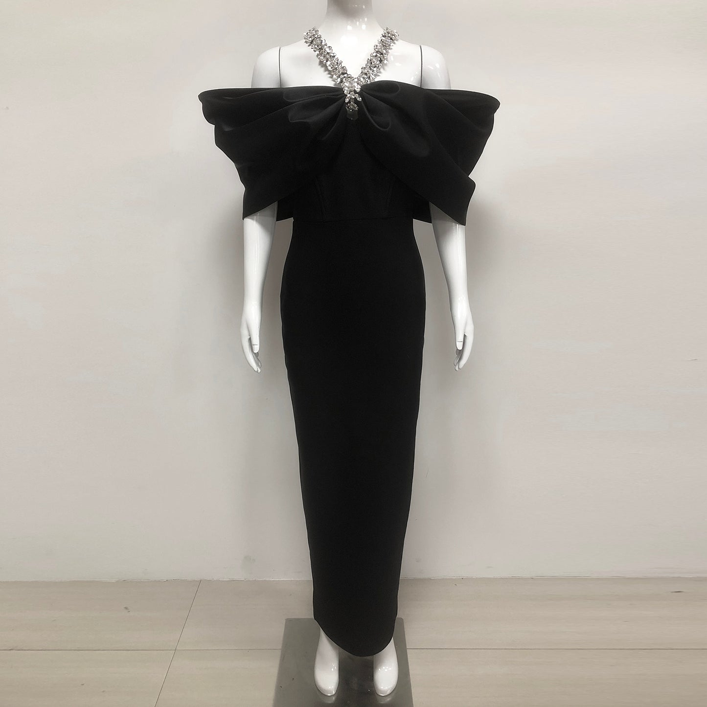 Halter Crystal Draped Bardot Maxi Dress