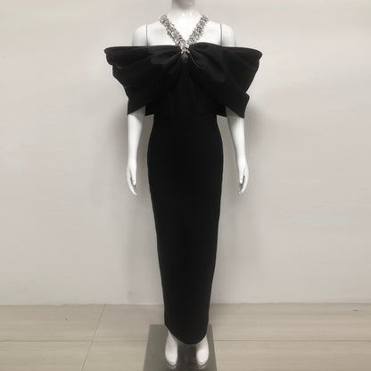 Halter Crystal Draped Bardot Maxi Dress