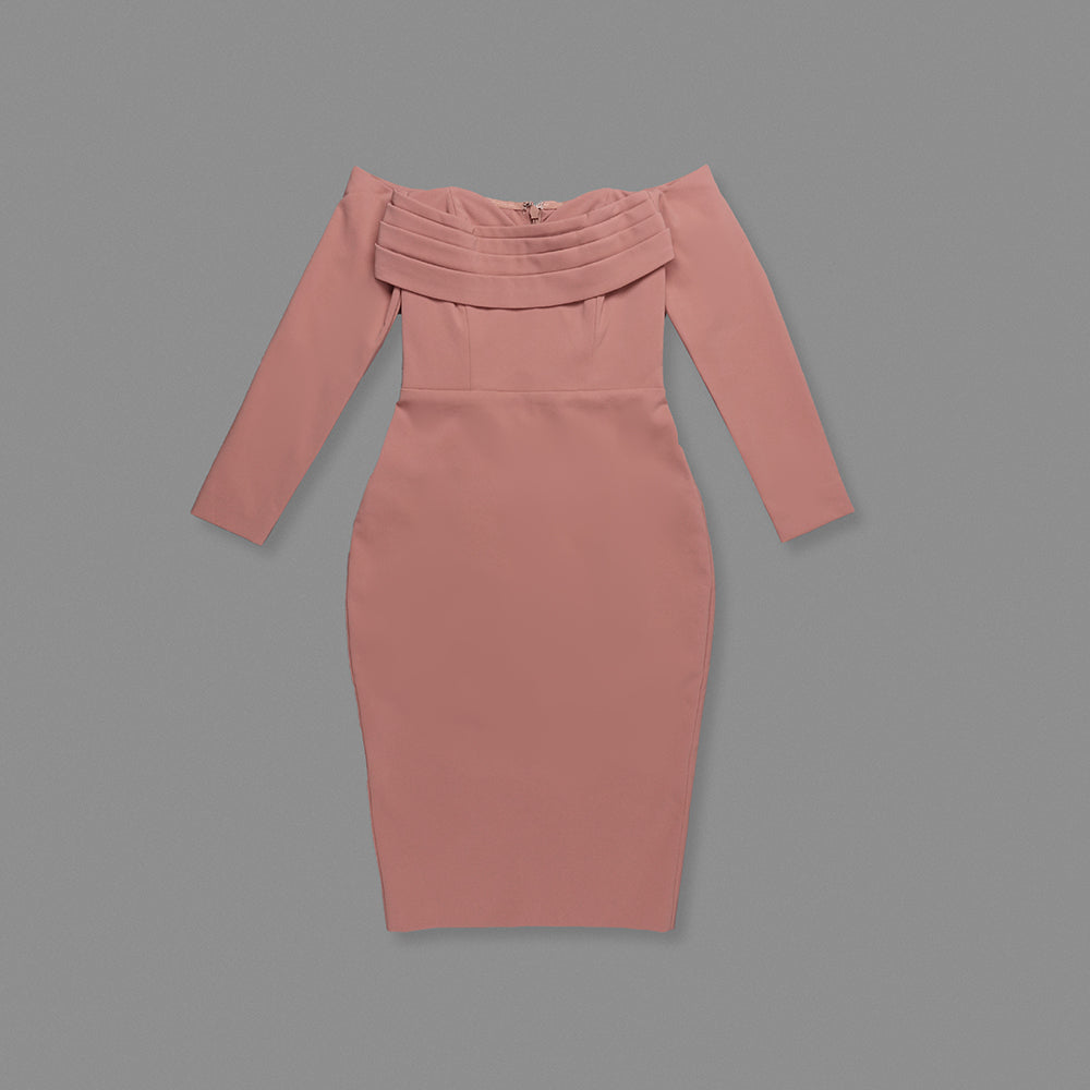 Long Sleeve Draped Bardot Midi Dress Pink HV0001