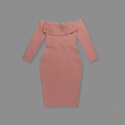 Long Sleeve Draped Bardot Midi Dress Pink HV0001