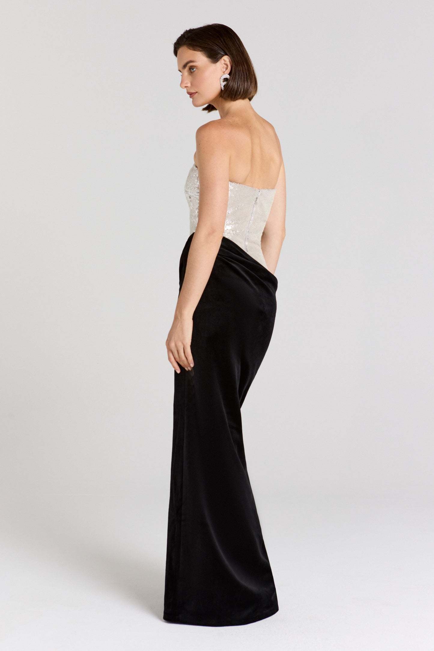 Strapless Sequin Velvet Maxi Dress Black Silver HV2736