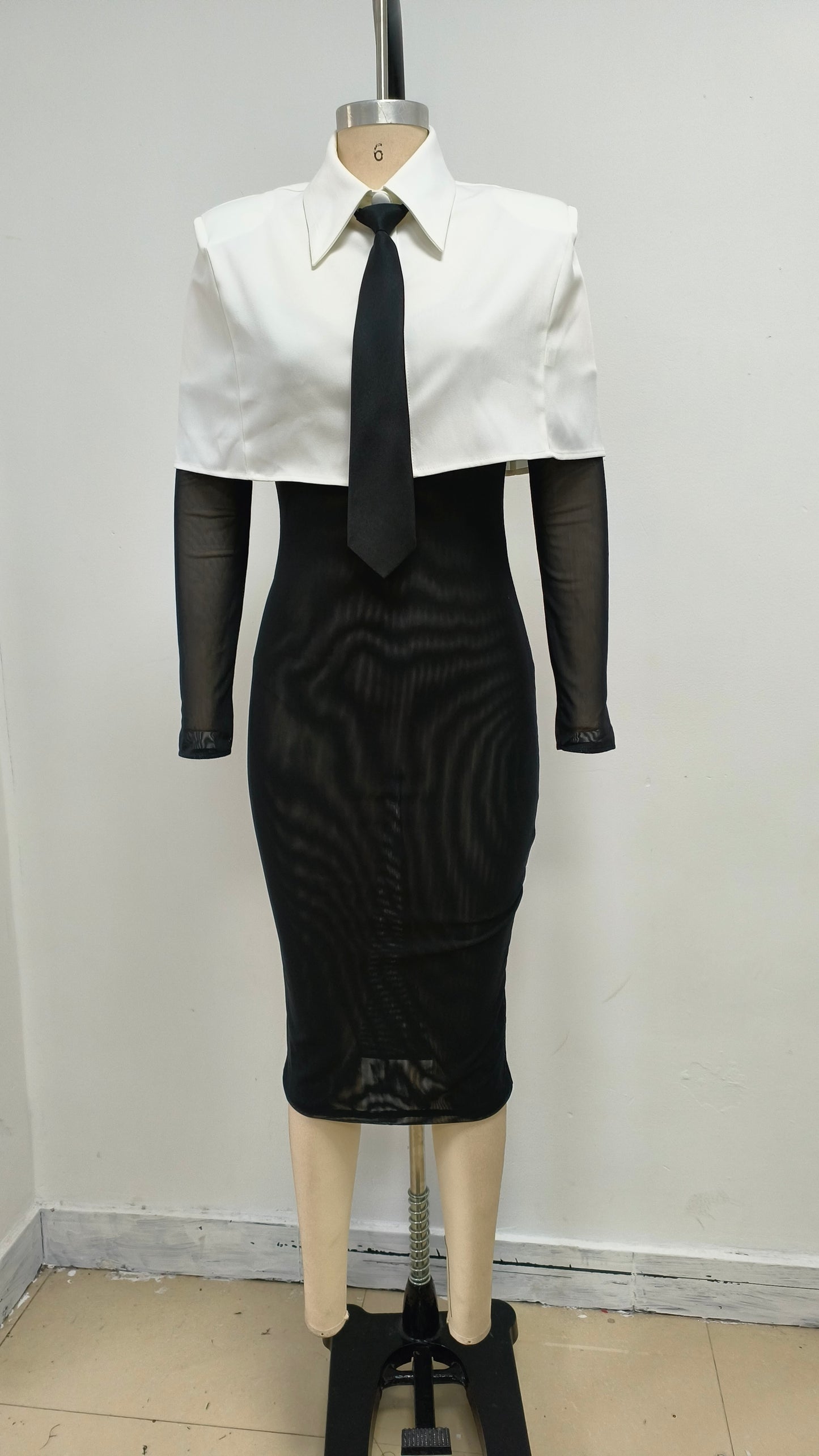 Long Sleeve Shirt Midi Dress Black White HV2453