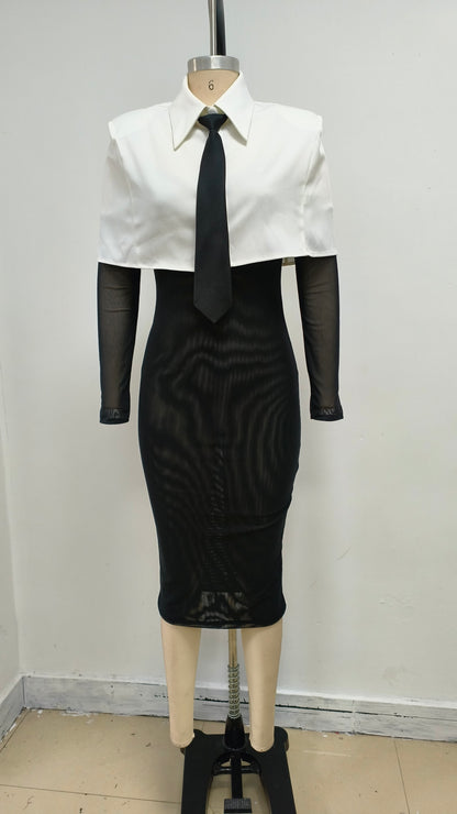 Long Sleeve Shirt Midi Dress Black White HV2453