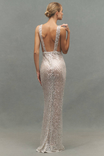 Bow Detail Sequin Maxi Dress Silver HV2767