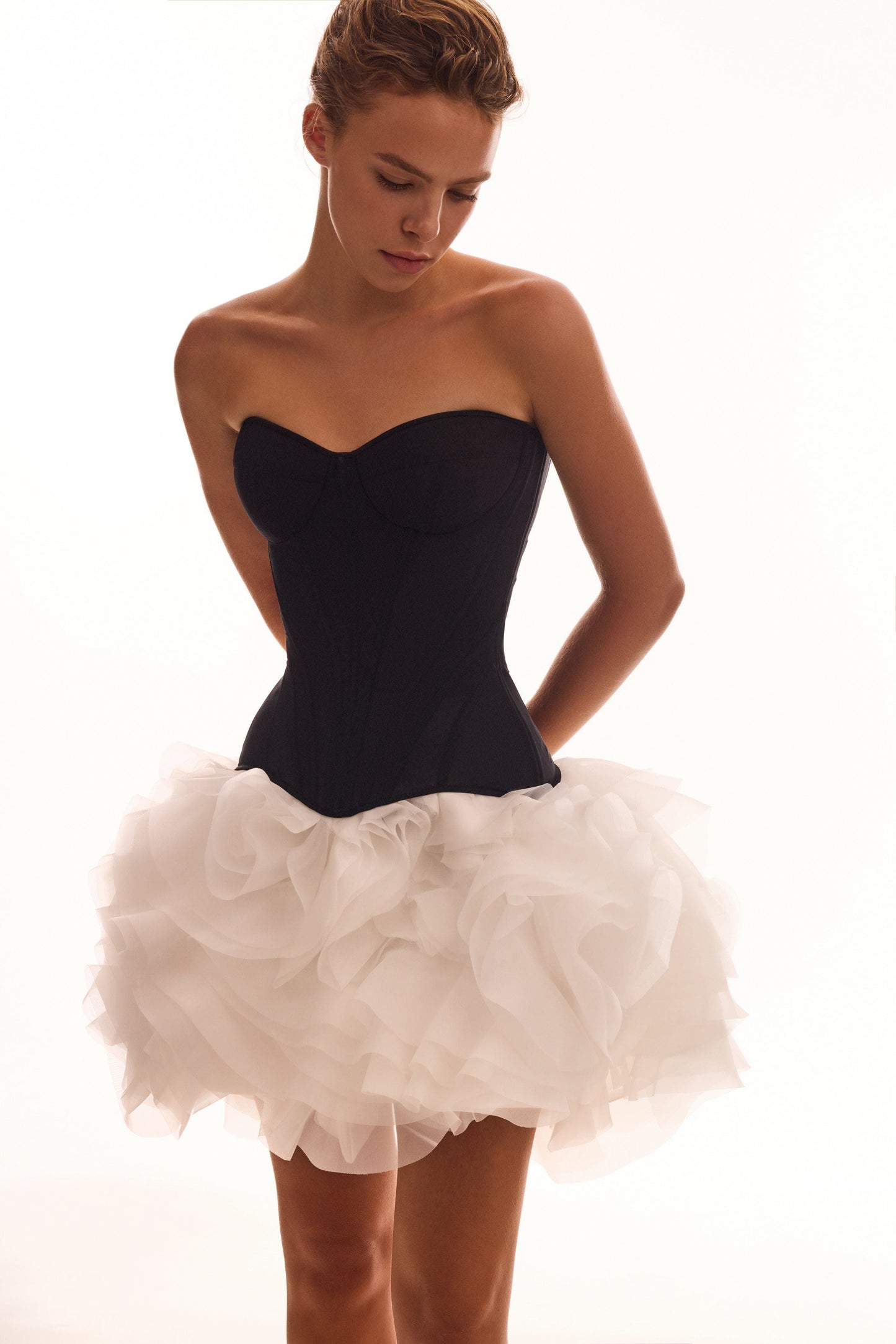 Strapless A Line Mesh Dress Black White HV2766