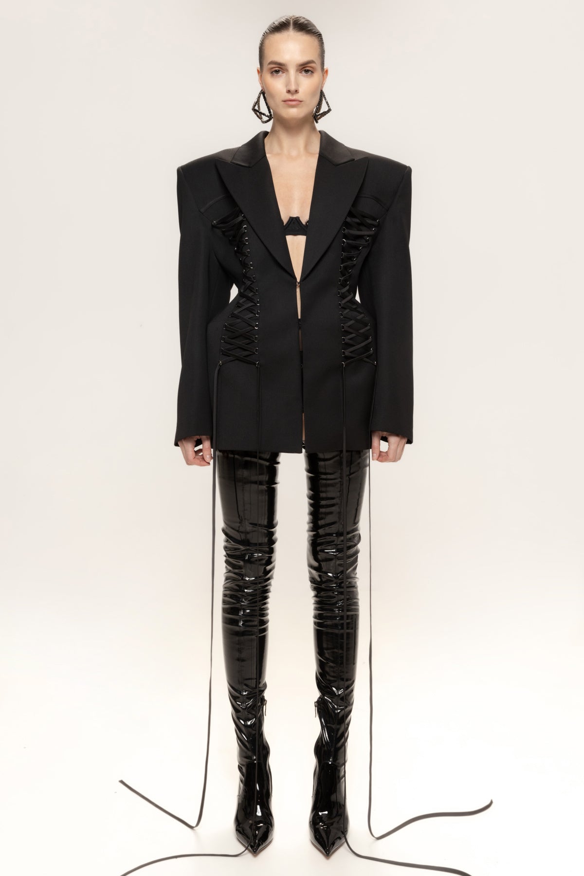 Long Sleeve Lace Up Detail Blazer Dress Black HV2574