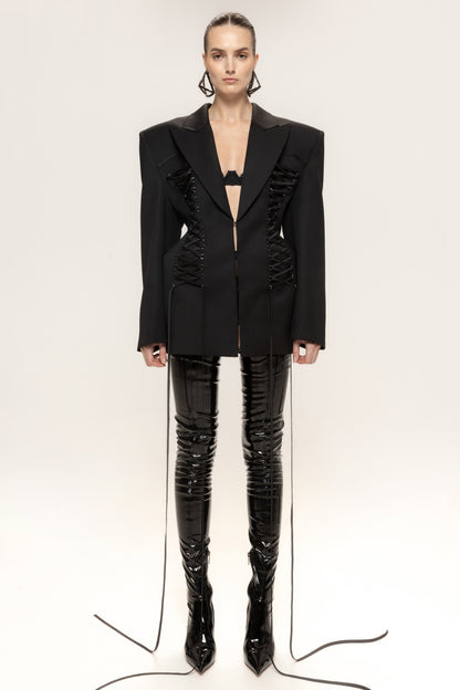 Long Sleeve Lace Up Detail Blazer Dress Black HV2574
