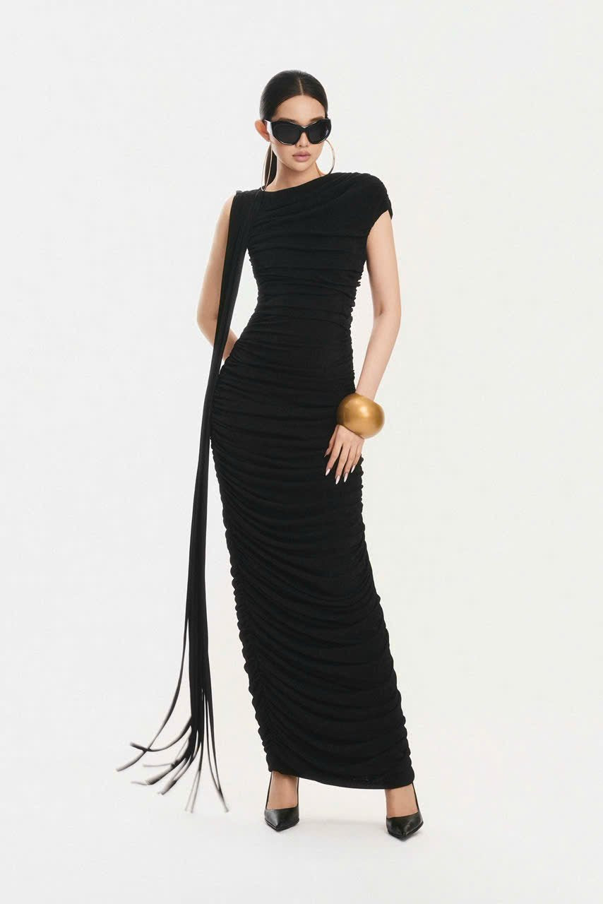 Tassel Detail Draped Maxi Dress Black HV3107
