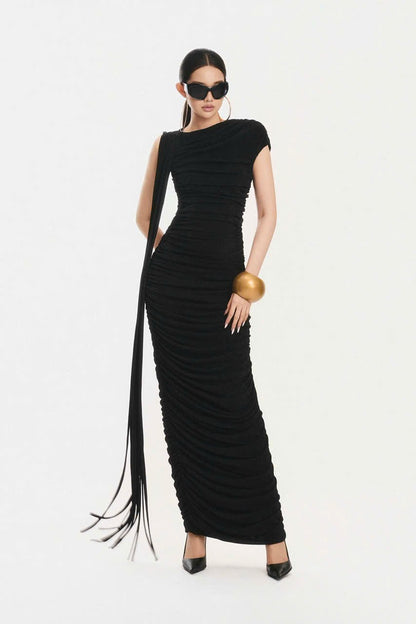Tassel Detail Draped Maxi Dress Black HV3107