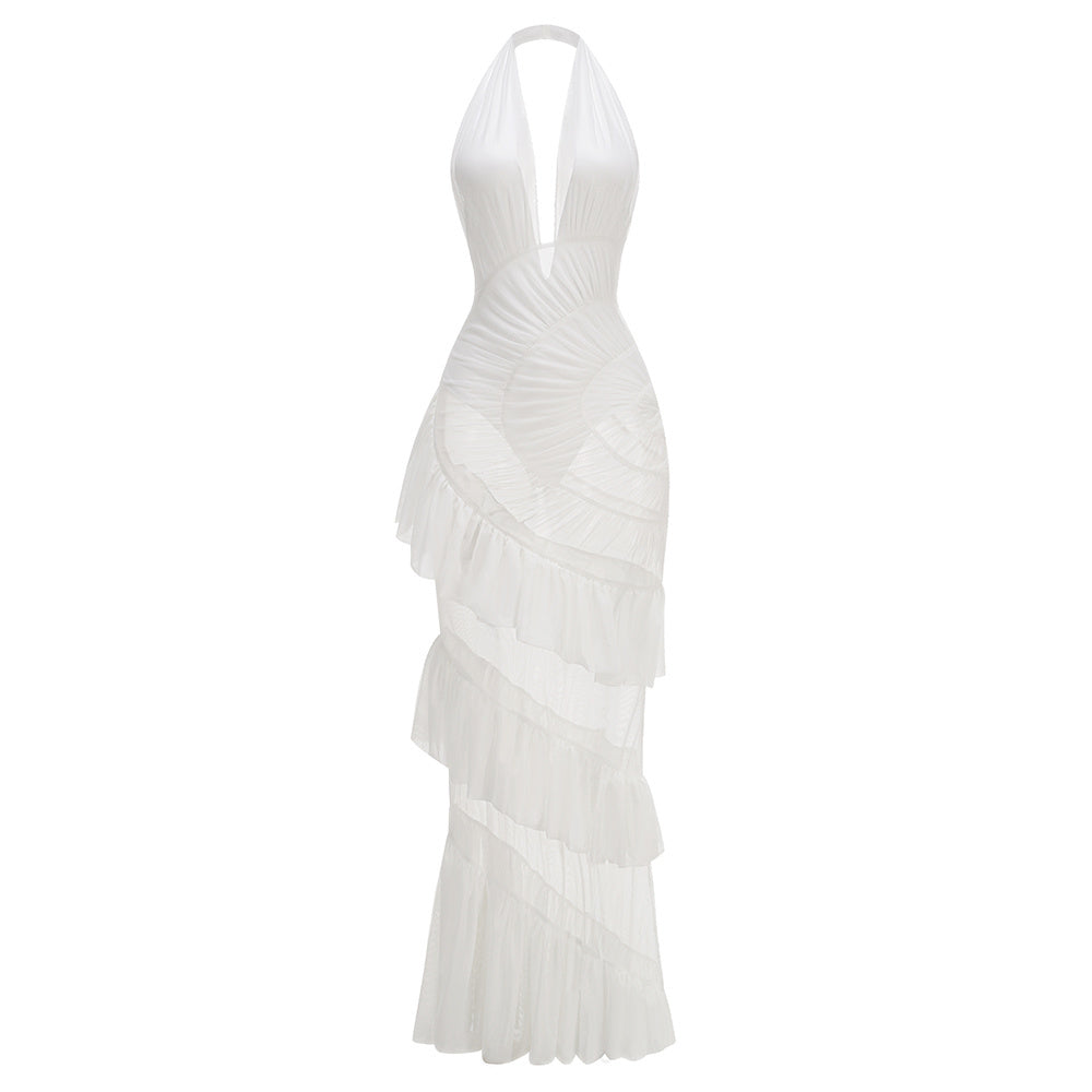 Halter Ruched Ruffle Maxi Dress White HV2589