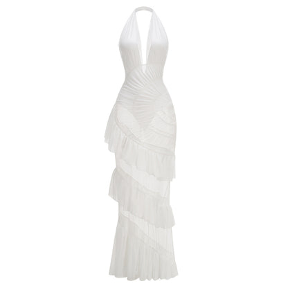 Halter Ruched Ruffle Maxi Dress White HV2589