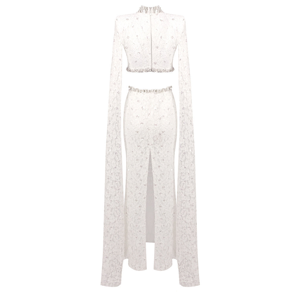 Cape Sleeve Crystal Lace Maxi Dress White HV0038