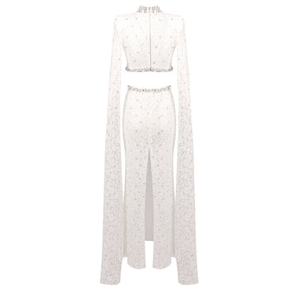 Cape Sleeve Crystal Lace Maxi Dress White HV0038