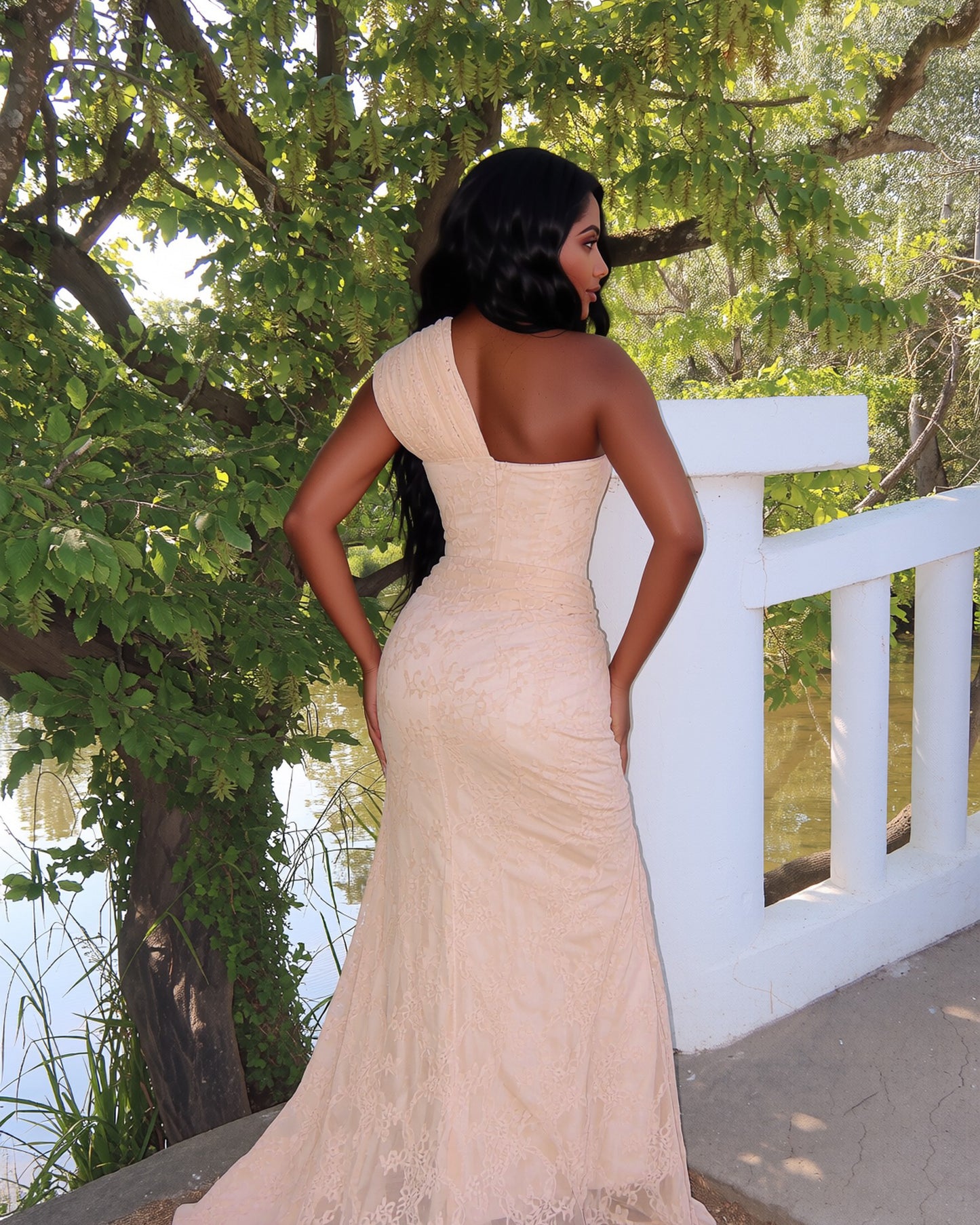 One Shoulder Draped Lace Maxi Dress Light Nude HV2677