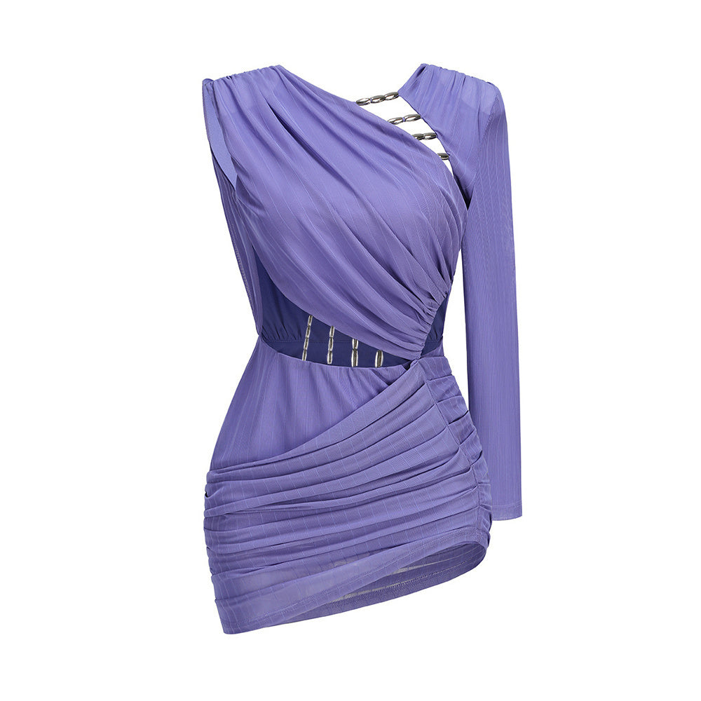 One Sleeve Draped Cut Out Dress Purple HV2569