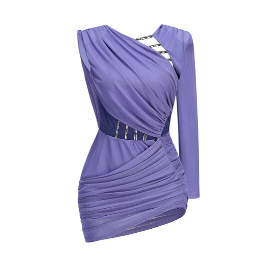 One Sleeve Draped Cut Out Dress Purple HV2569