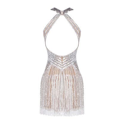 Halter Sequin Tassel Backless Dress Silver HV2143