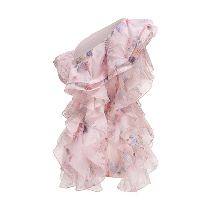 One Shoulder Floral Ruffle Dress Pink HV3130