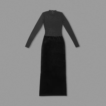 Long Sleeve Bustier Mesh Maxi Dress Black HV1537