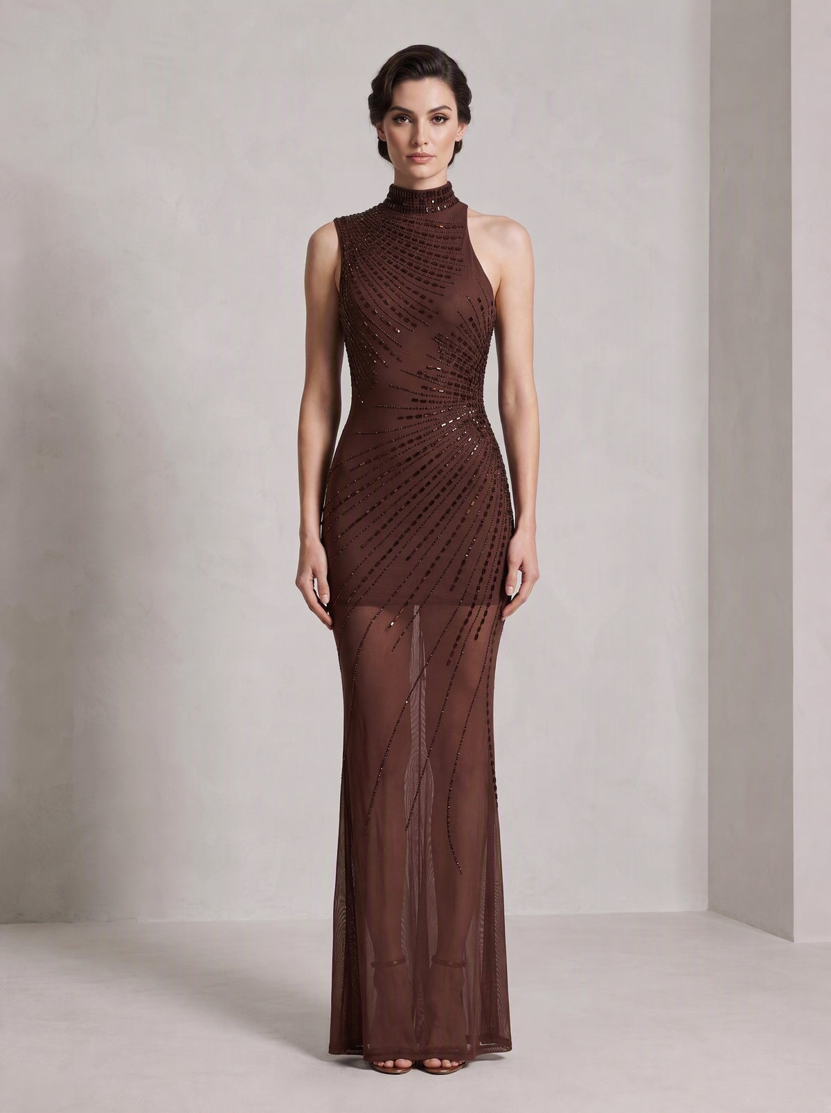 Asymmetric Embellished Maxi Dress Brown HV3200