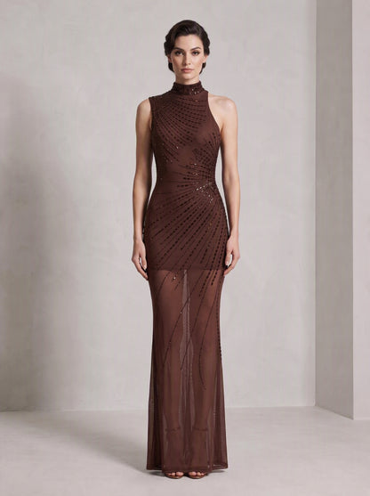 Asymmetric Embellished Maxi Dress Brown HV3200