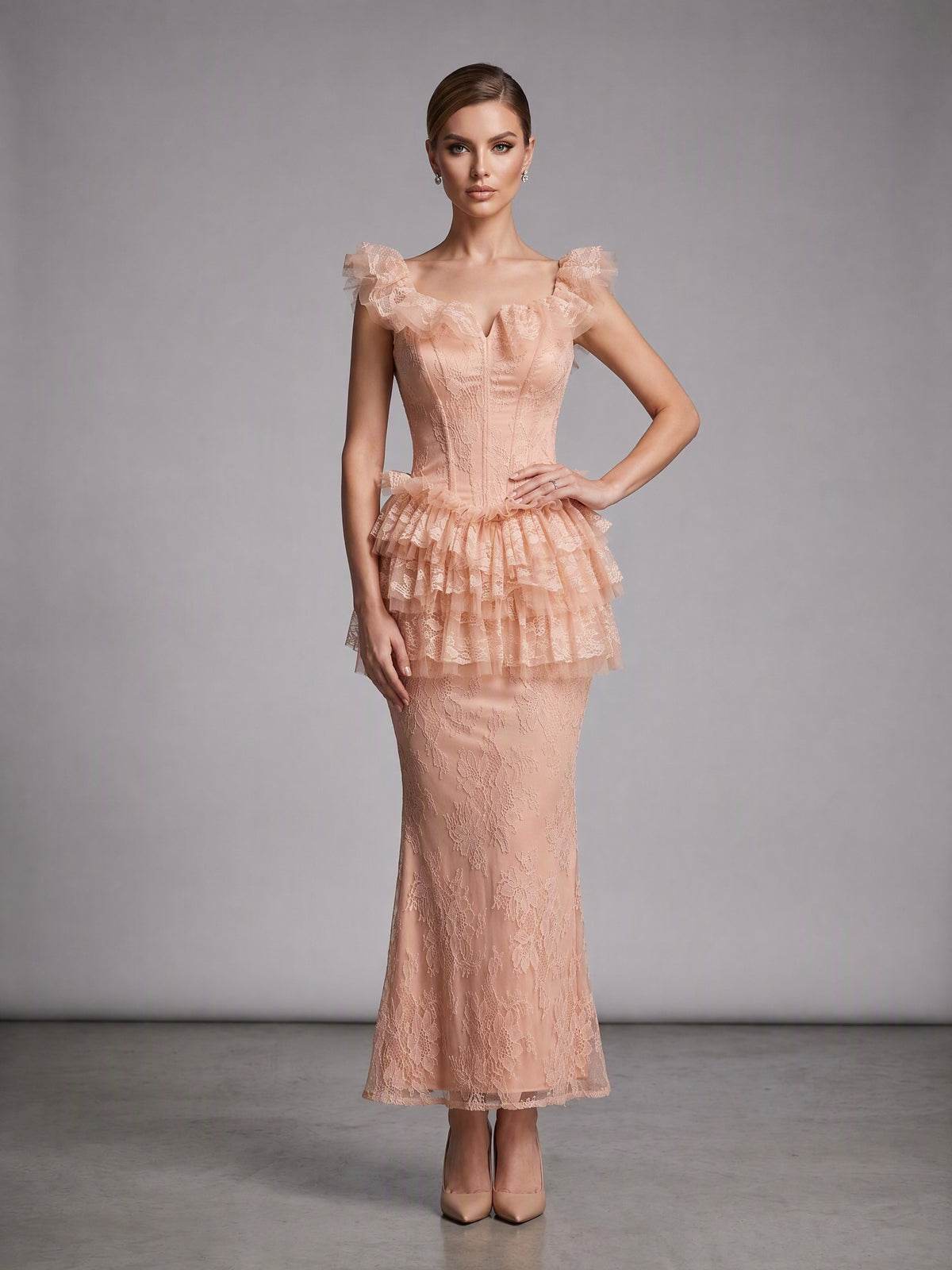 Ruffle Lace Maxi Dress Peach Nude HV3233