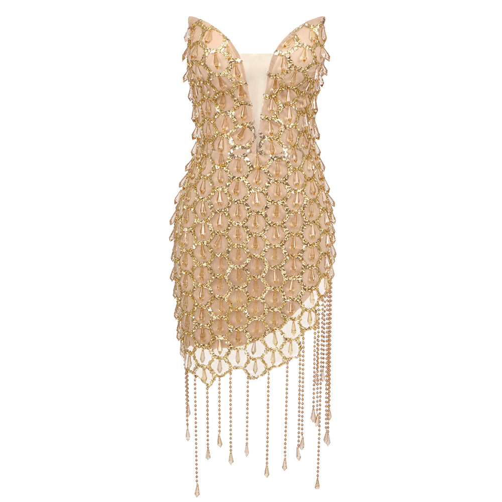 Strapless Crystal Tassel Dress Gold HV1441