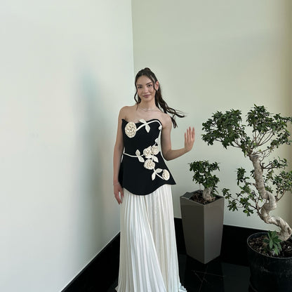 Strapless Floral Peplum Pleated Midi Dress Black White HV2612
