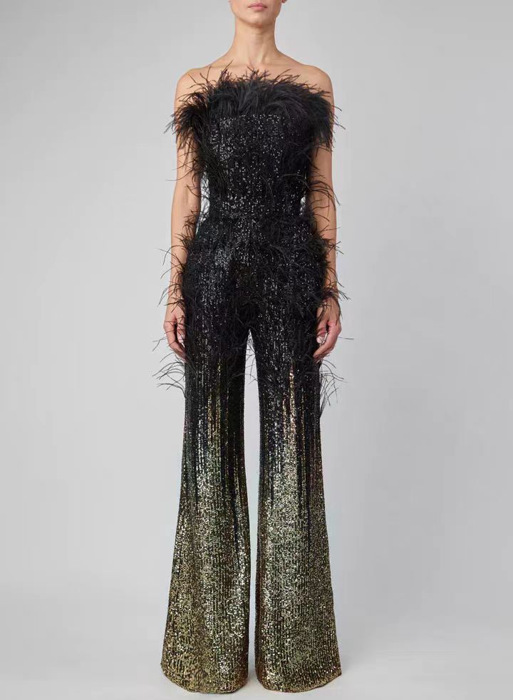 Strapless Feather Sequin Jumpsuit