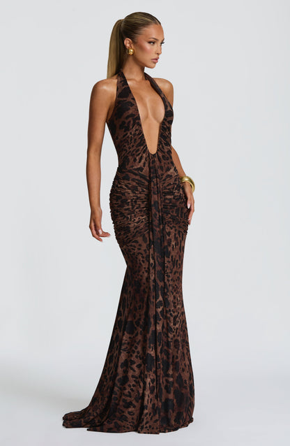 Halter Draped Maxi Dress Animal Print HV3076