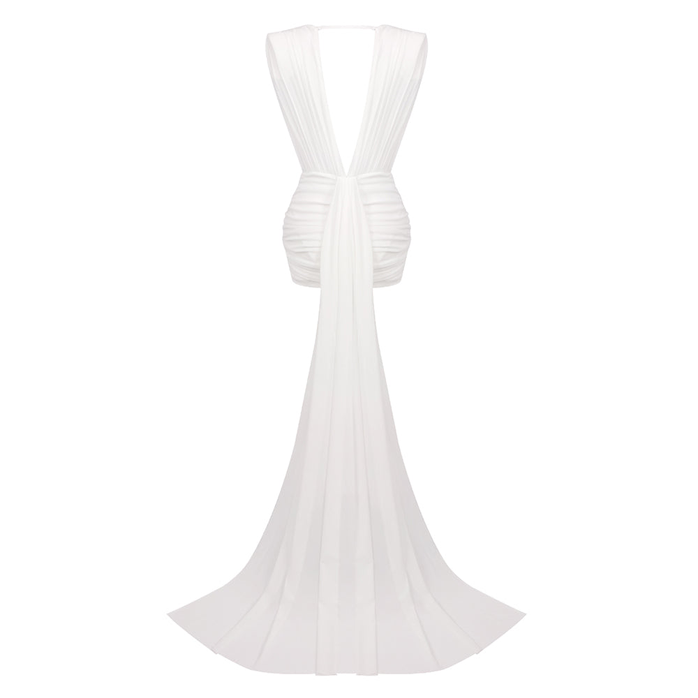 Plunge V Neck Draped Dress White HV0074