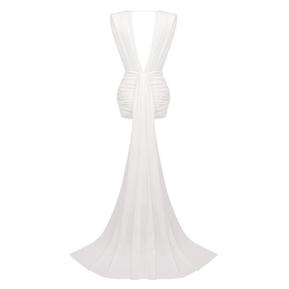 Plunge V Neck Draped Dress White HV0074