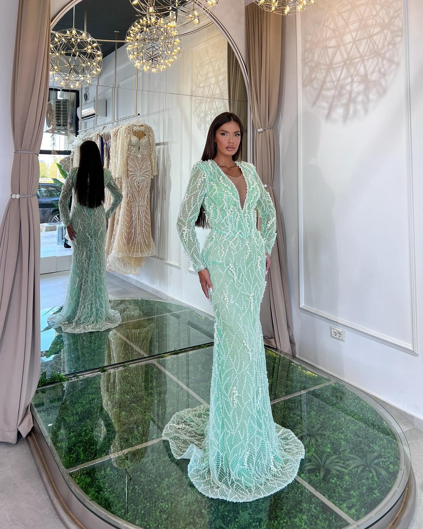 Long Sleeve Pearl Sequin Maxi Dress Green HV2859